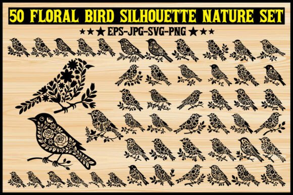 50 Floral Bird Silhouette Set: Elevating Modern Design with Nature-Inspired Art