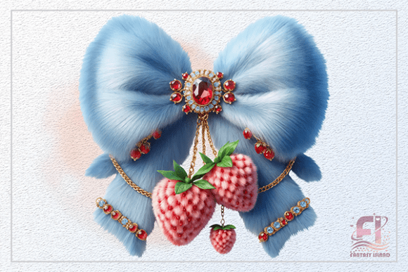 Blue Fur Bow Jeweled Strawberry PNG