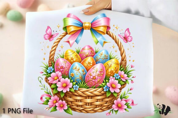 Bunny Eggs and Bow Basket PNG for Easter Designs