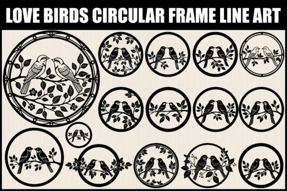Elegant Love Birds Circular Frame Line Art