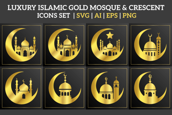 Elevating Digital Design with the Islamic Mosque Crescent Gold Icons Set