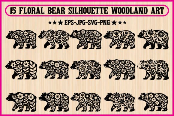 Floral Bear Silhouette Woodland Art